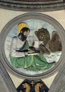 マルコはキリストの王としての威厳を伝えることから、翼を持ったライオンの姿である。荒れ野で修行するヨハネのイメージでもあろう。